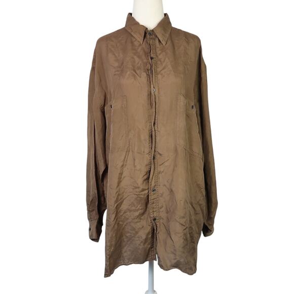 Vintage 90s Robert Stock Olive Green-Brown Silk Button Down Shirt Mens L - Picture 1 of 5
